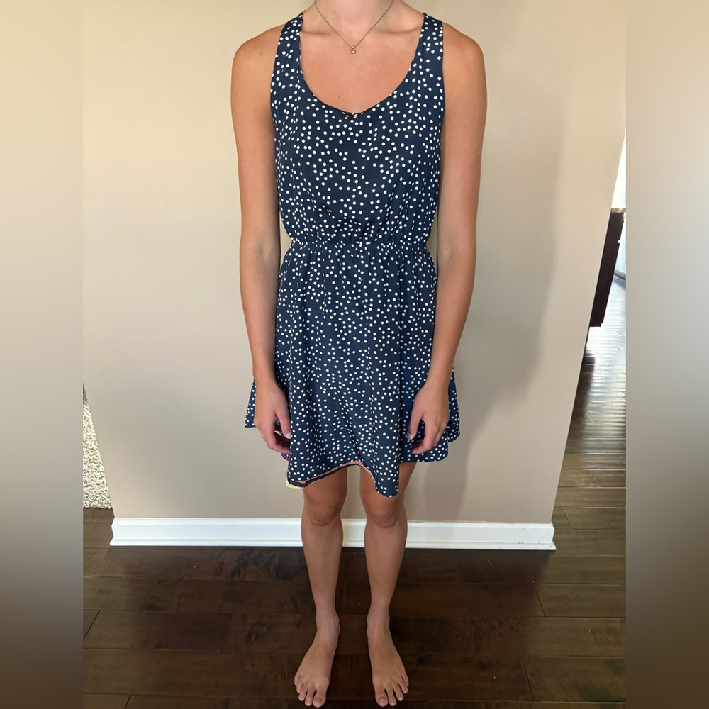 Reversible-Navy Polka Dot Sleeveless Dress-